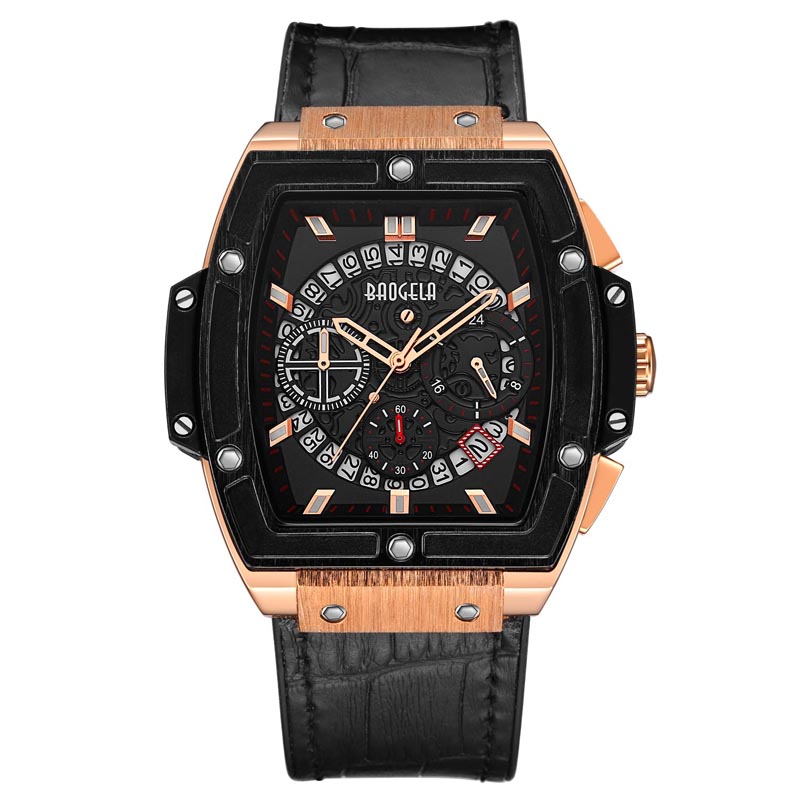 Baogela Thương hiệu thời trangnam giới thể thao Lịch chốngnước Cổ tay XEM SQUARE MULTIFUNNTON SILICONE MENS XEM 1703 Rose Black
