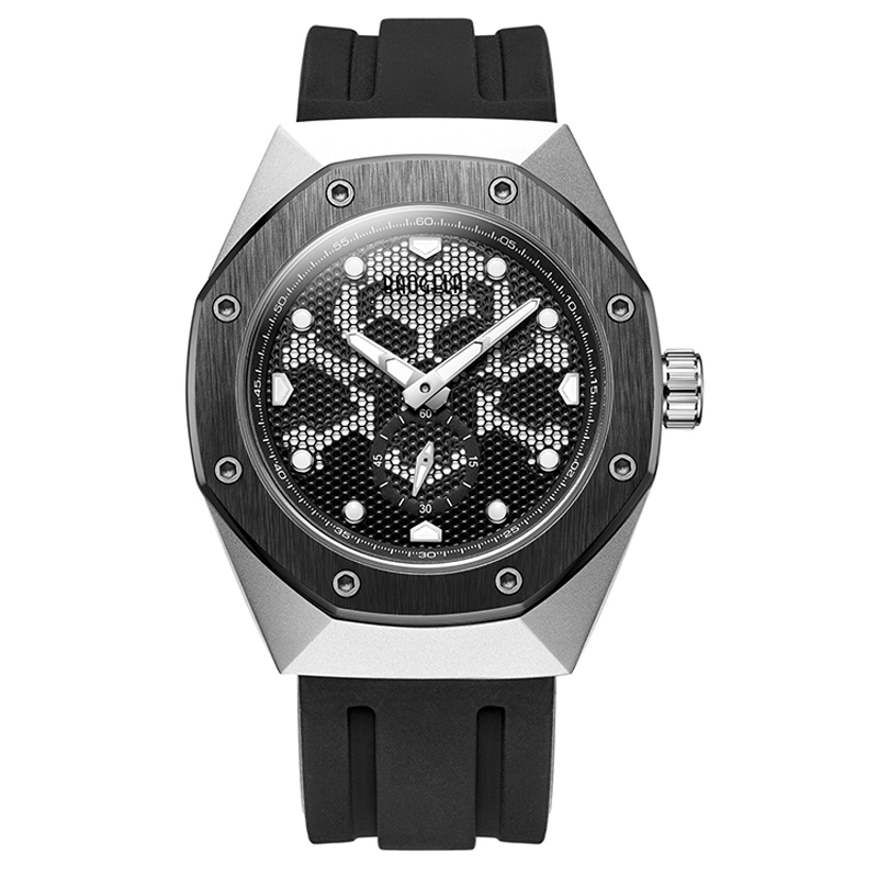 Baogela Skeleton Quartz Watches Men Thể thao Quân đội Quân đội Vòng tay phát sáng bannhạc silicone không thấmnước Man1901 Black White