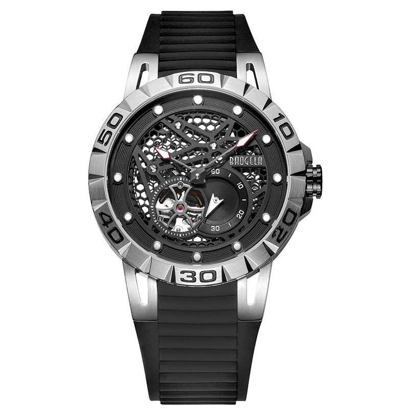 Baogela Mới thương hiệu hàng đầu Người đàn ông sang trọng Đồng hồ Skeleton Đồng hồ cơ tự động chonam giới không thấmnước