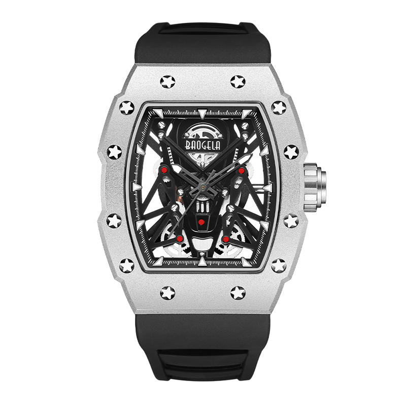 Baogela bạc thể thao đen thạch anh đồng hồ chonam Tonneau quay số tương tự đồng hồ đeo tay chốngnước với dây đeo silicon tay 4145